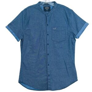 Hollister Mens Button Up Shirt L Blue Muscle Fit Band Collar Epic Flex Stretch